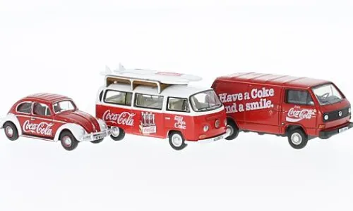Oxford VW 3er-Set, Käfer, T2 Bus, T3 Kastenwagen, Coca-Cola, 1:76, Discount